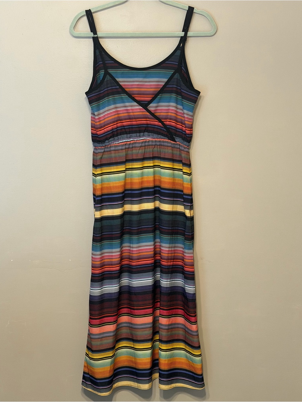 Athleta Rainbow Stripe Havana Serape Maxi Dress S Cinch Drawstring Waist V Back